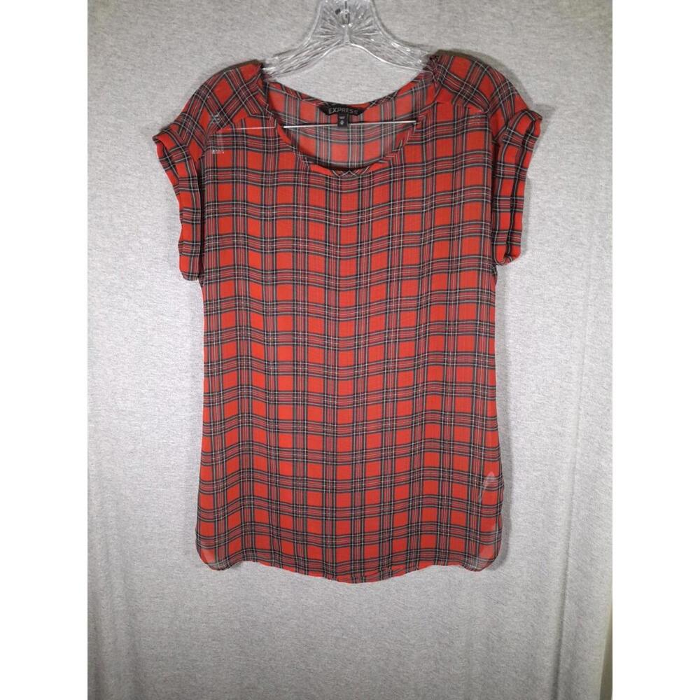 Express Blouse Womens XS SHEER RED PLAID SHORT SLEEVE‎